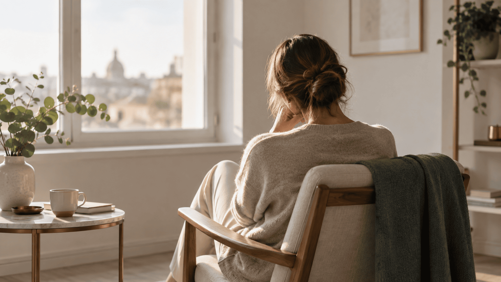 Persona seduta in una stanza luminosa, con postura stanca e introspettiva, simbolo della fatica di dover essere sempre forti.